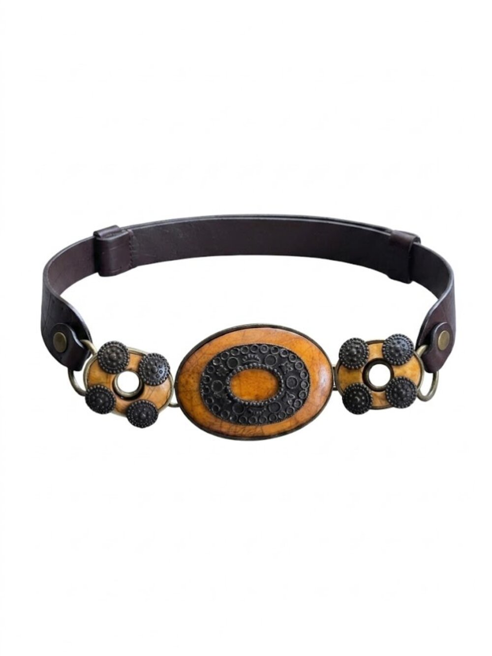 Chico's Boho Statement Belt S/M, Honey Amber Wood & Studded Leather, Adjustable